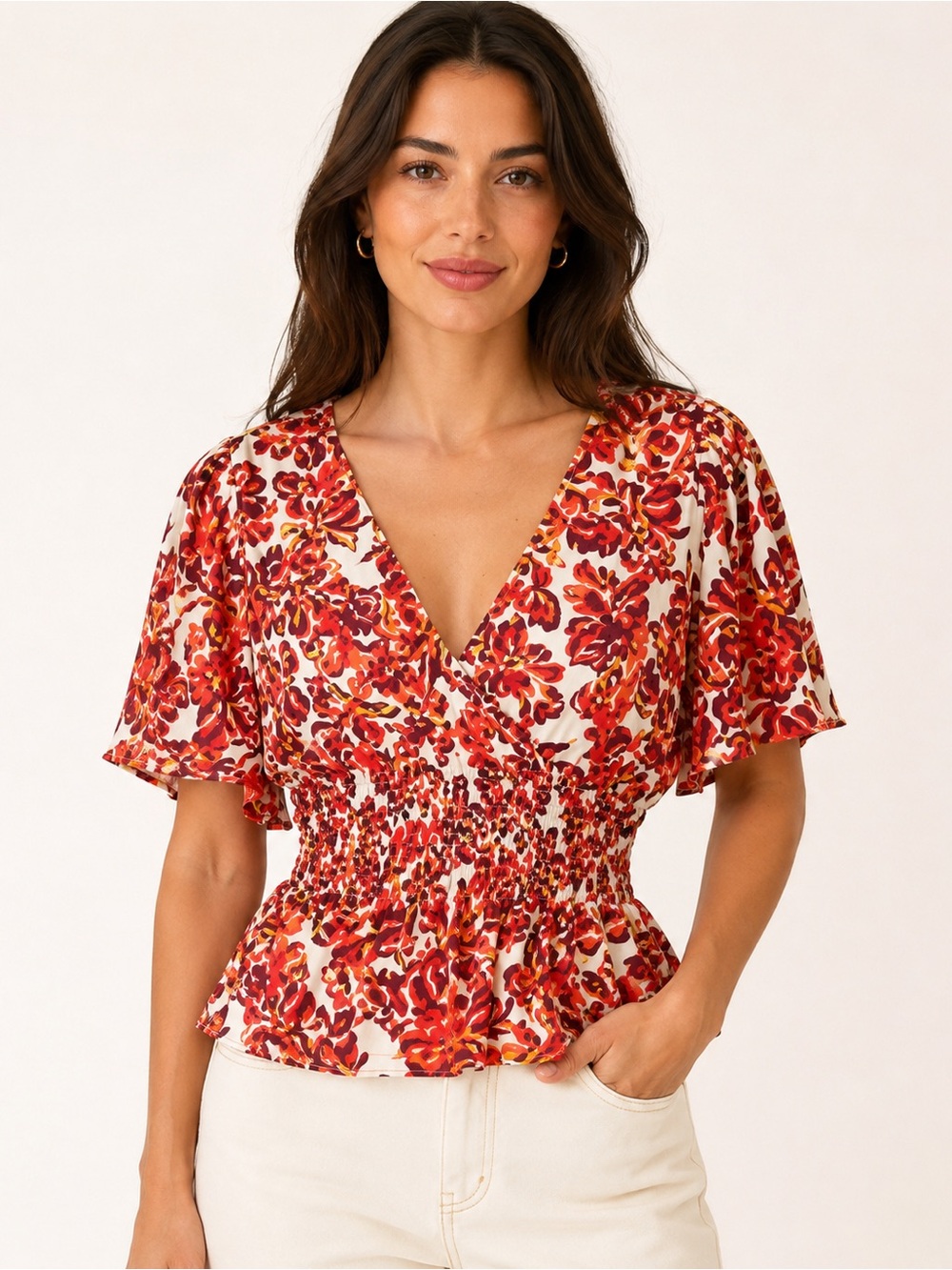 🩷. 435. Red Orange Floral Smocked Waist V-Neck Peplum Blouse